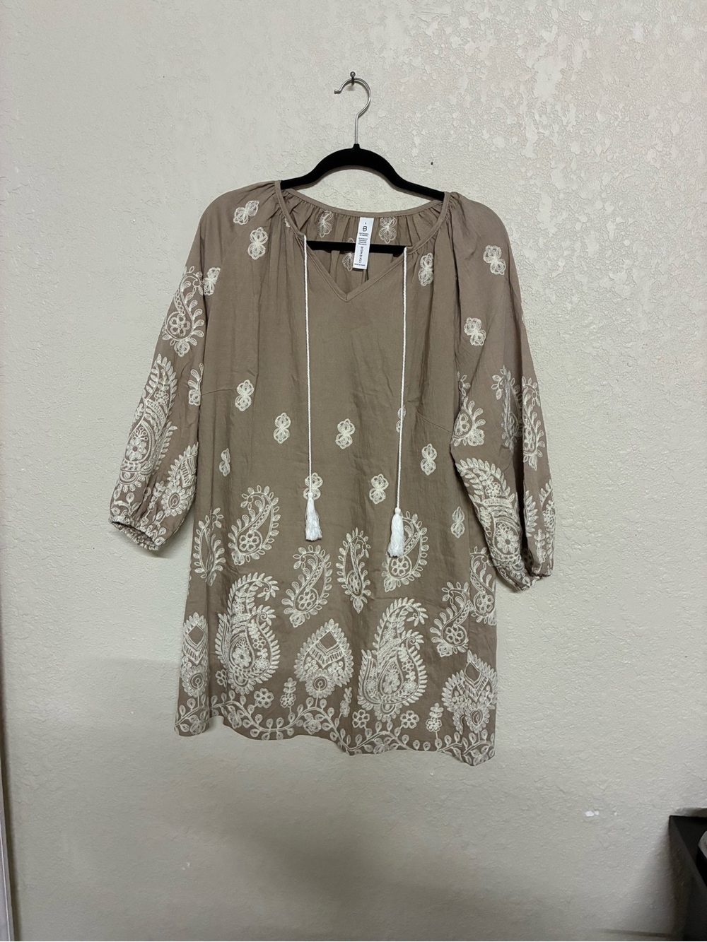 Women's Taupe Embroidered Tunic Dress with Tassel Tie